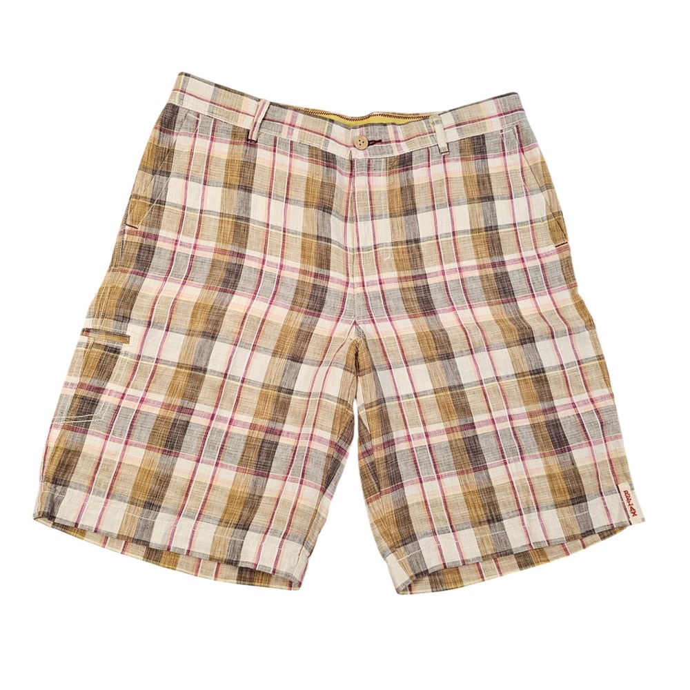 Tommy Bahama Relax Mens 34 Tartan Plaid 100% Linen Flat Front Shorts Tropical